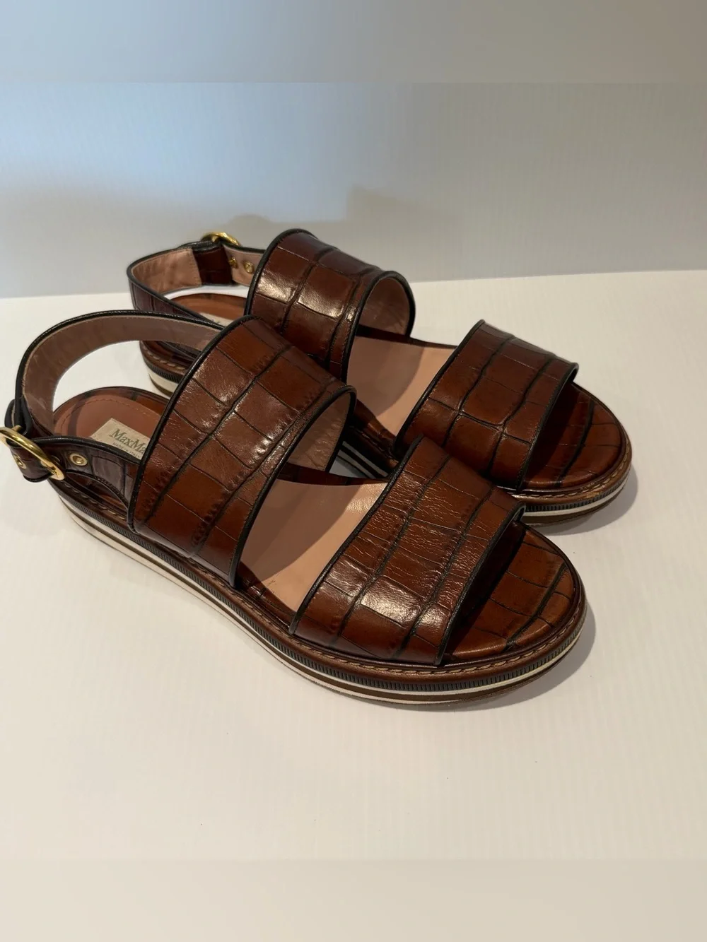 Max Mara Brown Croc-Embossed leather Platform Slide Sandals